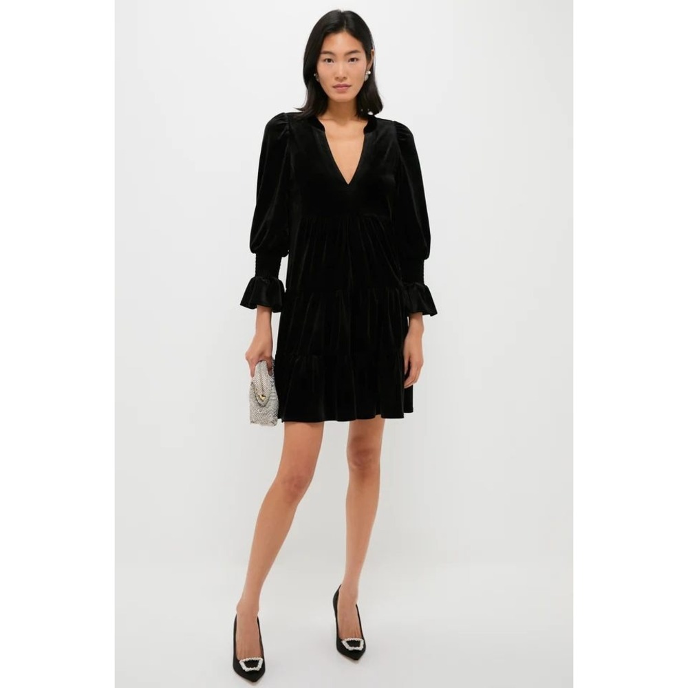 Tuckernuck Pomander Place Black Velvet Kenzo V-Neck Mini Dress Ruffle Sleeve XS